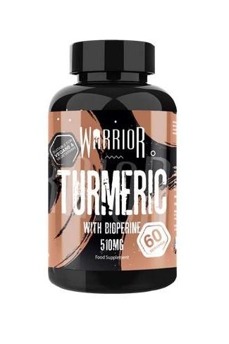 Warrior Turmeric supplement bottle with Bioperine, 510mg, supports joint health and offers antioxidant protection.