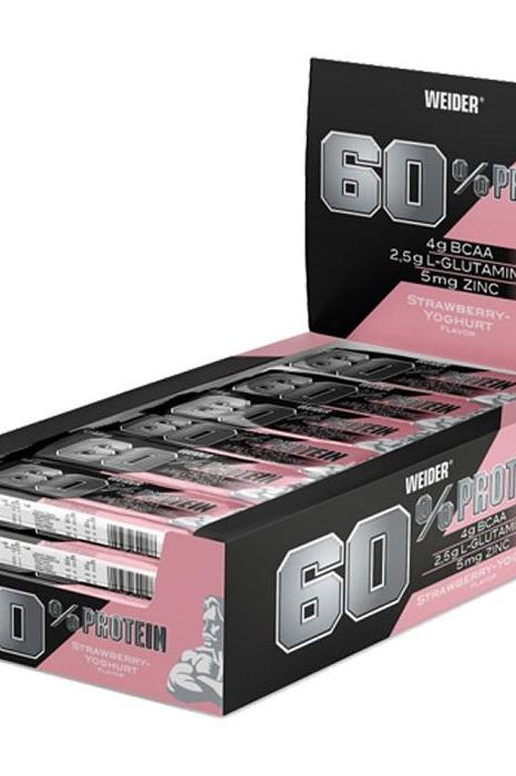 Weider 60% Protein Bar box with strawberry-yogurt flavor, contains BCAA, L-glutamin, and zinc, ideal for muscle support.