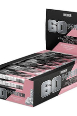 Weider 60% Protein Bar box with strawberry-yogurt flavor, contains BCAA, L-glutamin, and zinc, ideal for muscle support.