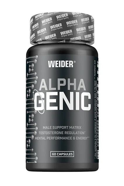 Weider Alpha Genic supplement bottle, 60 capsules for male performance support and testosterone regulation. Weider Alpha Genic supplement bottle, 60 capsules for male performance support and testosterone regulation.