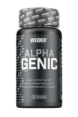 Weider Alpha Genic supplement bottle, 60 capsules for male performance support and testosterone regulation.