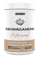 Weider Ashwagandha Professional supplement bottle for stress protection and vitality, containing KSM-66 extract.