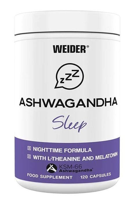Weider Ashwagandha Sleep supplement bottle with nighttime formula and KSM-66, 120 capsules for stress relief and better sleep.