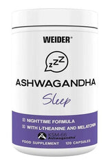 Weider Ashwagandha Sleep supplement bottle with nighttime formula and KSM-66, 120 capsules for stress relief and better sleep.
