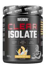 Weider Clear Isolate 500g in Peach Ice Tea flavor, lactose-free, high protein, zero sugar and fat, refreshing protein drink.