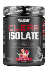 Weider Clear Isolate 500g in Red Fruits flavor, lactose-free, high protein, zero sugar and fat, refreshing protein drink.