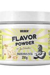 Weider Flavor Powder 250g in pistachio and white chocolate flavor for enhanced taste in cooking and healthy diets.