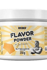 Weider Flavor Powder Butter Cookie flavor, 250g, enhances meals with rich taste and fiber.