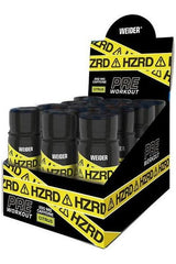 Weider HZRD Pre Workout Shot display with black bottles rich in caffeine for enhanced energy and performance.