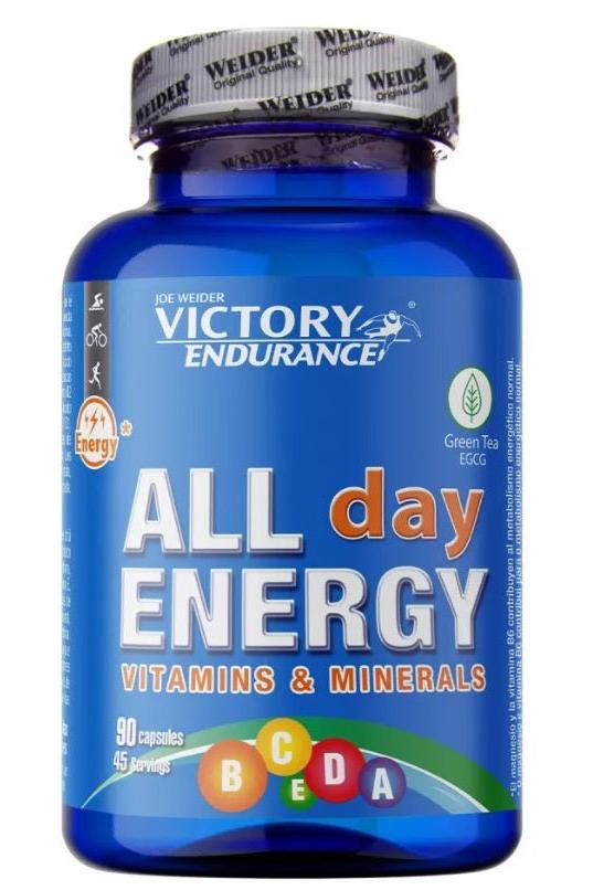 Weider Victory Endurance All Day Energy supplement bottle with green tea extract, vitamins, and minerals Weider Victory Endurance All Day Energy supplement bottle with green tea extract, vitamins, and minerals