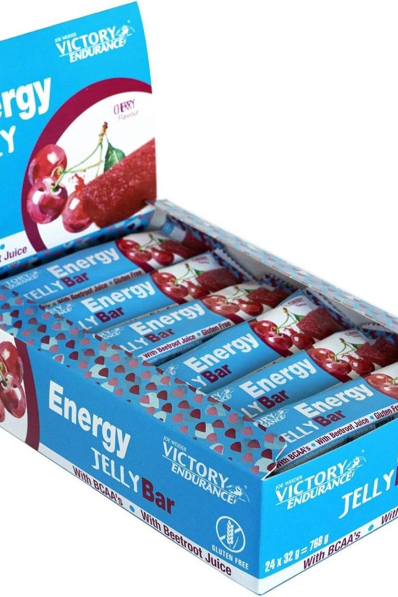 Weider Victory Endurance Energy Jelly Bar box with cherry flavor, 24 x 32g, designed for boosting endurance during workouts.