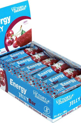 Weider Victory Endurance Energy Jelly Bar box with cherry flavor, 24 x 32g, designed for boosting endurance during workouts.