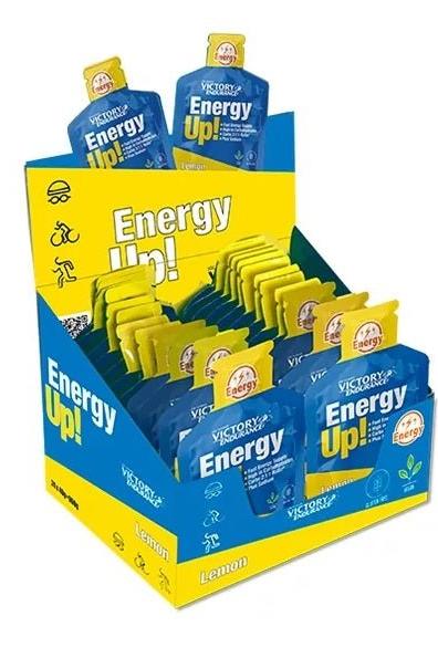 Display box of Weider Victory Endurance Energy Up! gel packets in lemon flavor, designed for athletes.