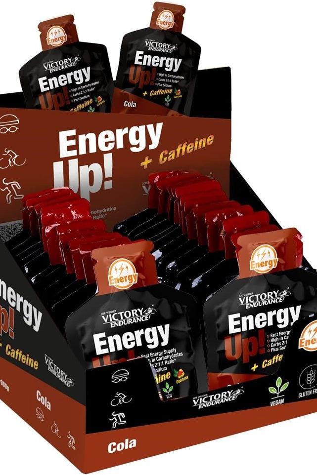 Weider Victory Endurance Energy Up! + Caffeine gel packaging display with energy gels in cola flavor.