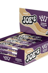 Weider Joe's Soft Bar display box featuring Blueberry Cheesecake flavor, high protein, low sugar snack.
