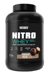 Weider Nitro Whey Super Formula protein powder in chocolate praline flavor, promotes muscle growth and recovery.