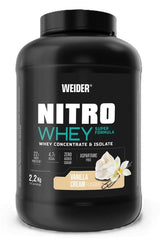 Weider Nitro Whey Super Formula protein powder tub in vanilla cream flavor, 2.2 kg, supports muscle recovery.