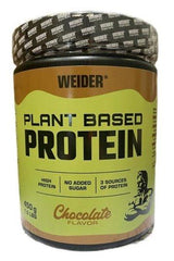 Weider Plant Based Protein powder in chocolate flavor, high protein, no added sugar, 450g packaging.