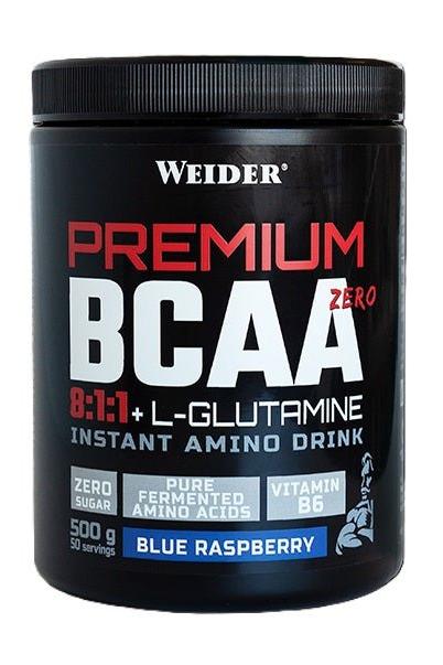 Weider Premium BCAA Zero 8:1:1 + L-Glutamine powder in Blue Raspberry flavor for muscle recovery.