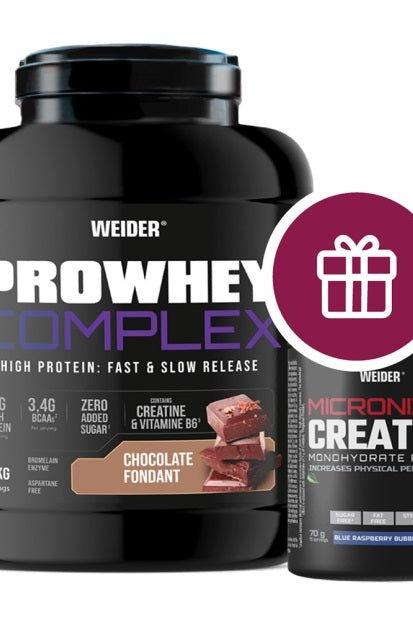 Weider Pro Whey Complex and Micronized Creatine in chocolate flavor for enhanced muscle growth and recovery.