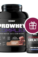 Weider Pro Whey Complex and Micronized Creatine in chocolate flavor for enhanced muscle growth and recovery.