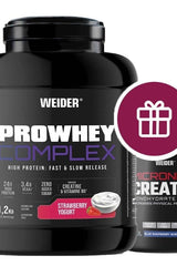 Weider Pro Whey Complex protein powder with Micronized Creatine in Strawberry Yogurt flavor.