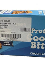 Weider Protein Cookie Bites packaging featuring chocolate chip snack information.