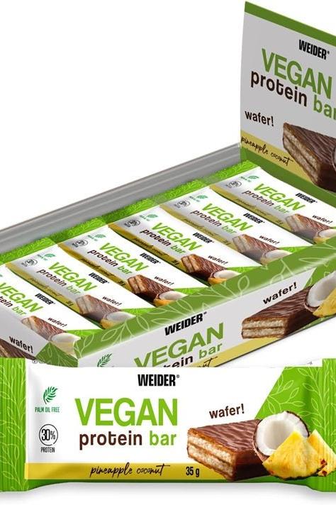Weider vegan protein bar box featuring pineapple coconut flavor with high protein content, ideal for muscle recovery.