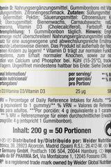 Label of Weider Vitamin D Gummies, detailing nutritional information and benefits, flavor, and ingredients.