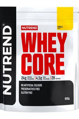 NUTREND Whey Core protein powder packaging in vanilla flavor, 24g protein per serving, gluten free, 900g.
