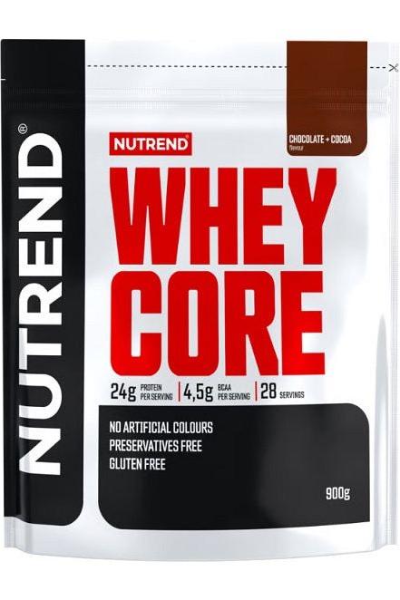 NUTREND Whey Core protein powder packaging, chocolate flavor, gluten-free, 24g protein per serving, 900g.