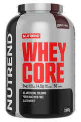 NUTREND Whey Core protein powder, 1800g, chocolate flavor, gluten-free, no preservatives, 24g protein per serving.