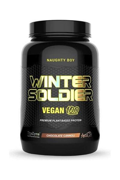 NaughtyBoy Winter Soldier VEGAN 100 plant-based protein with chocolate cannoli flavor in a black container.