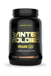 NaughtyBoy Winter Soldier VEGAN 100 plant-based protein with chocolate cannoli flavor in a black container.