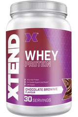 Xtend Whey Protein container with Chocolate Brownie flavor, 20g protein, supports muscle recovery and growth.