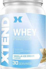 XTEND Whey Protein vanilla ice cream flavor, 30 servings, high-quality muscle support with 20g protein per serving.