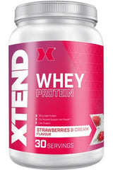 Xtend Whey Protein container in Strawberries & Cream flavor, 20g protein for muscle support, 30 servings.