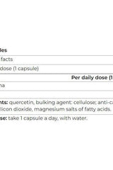 Supplement facts for Yamamoto Research Quercetina, detailing ingredients and daily dosage.