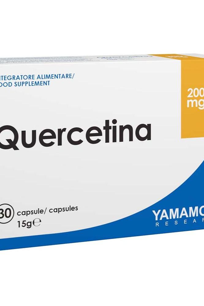 Yamamoto Research Quercetina supplement box with 30 capsules, 200 mg per capsule, promoting antioxidant benefits.