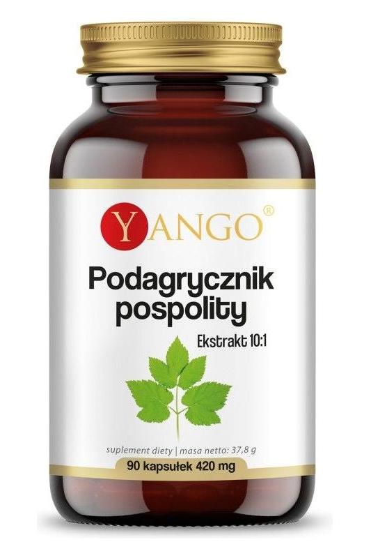 Yango Aegopodium Podagraria supplement bottle with 90 vegetarian capsules, promoting anti-inflammatory benefits.