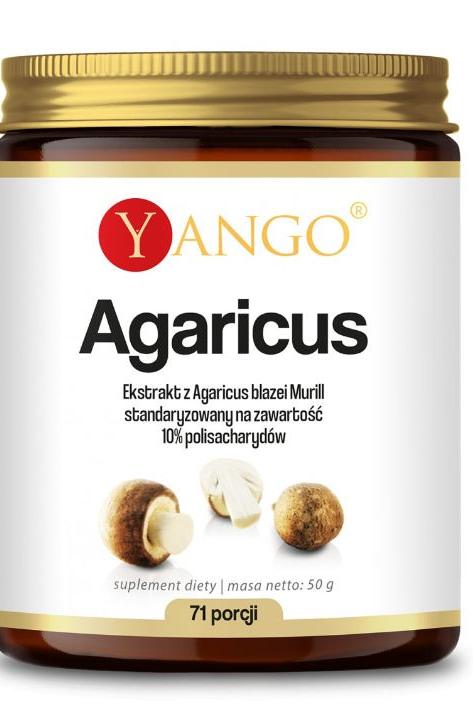 Yango Agaricus extract jar, 50g, containing 10% polysaccharides for health benefits and protein support.