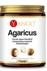 Yango Agaricus extract jar, 50g, containing 10% polysaccharides for health benefits and protein support.