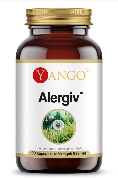 Yango Alergiv™ supplement bottle with 90 vegan capsules for allergy relief.