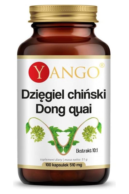 Yango Dong Quai dietary supplement bottle, 100 capsules, extract 10:1, promotes women's health and well-being.