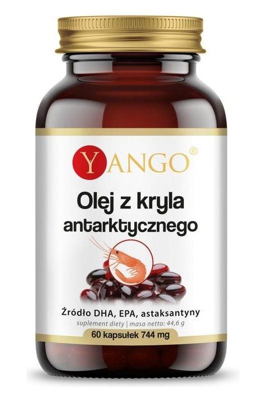 Yango Antarctic Krill Oil bottle, 60 capsules, rich in omega-3 fatty acids for heart and brain health.