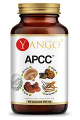 Yango APCC supplement bottle featuring four vital mushrooms for immune support, energy, and overall wellness.