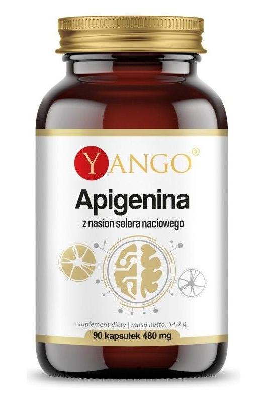Yango Apigenin supplement bottle with 90 capsules, featuring antioxidant and anti-inflammatory properties.