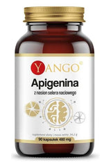 Yango Apigenin supplement bottle with 90 capsules, featuring antioxidant and anti-inflammatory properties.