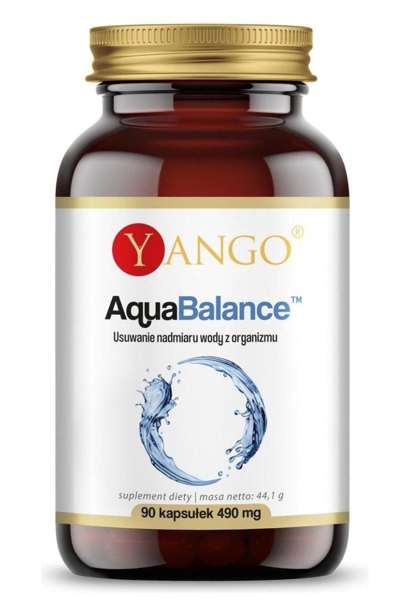 Yango AquaBalance dietary supplement bottle with 90 capsules for promoting fluid balance and urinary health.