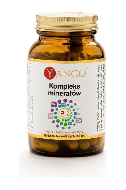 Yango Komplex mineralów supplement bottle with 90 capsules for health benefits like bone and muscle support.